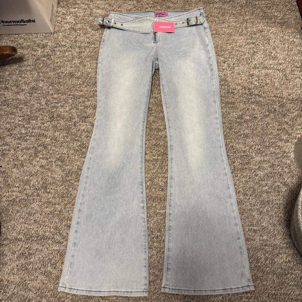 Edikted Light Blue High-Rise Flare Jeans with Belt NWT